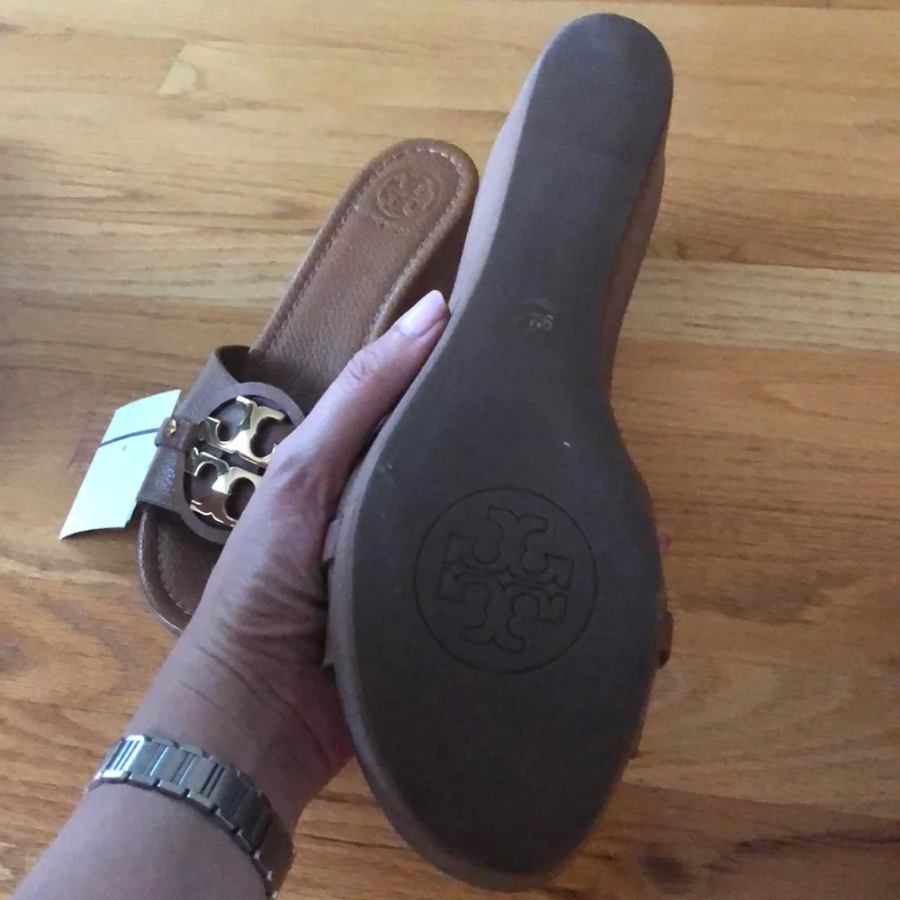 Tory Burch Brown Leather Logo Slide Sandals with Gold Hardware